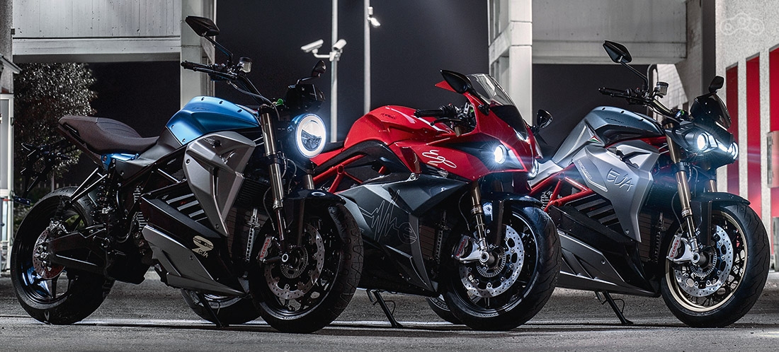 Модельный ряд компании Energica. Слева направо модели: Esseesse9, Ego, Eva